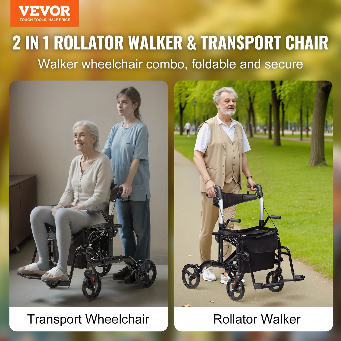 2-in-1 Rollator Walker and Wheelchair