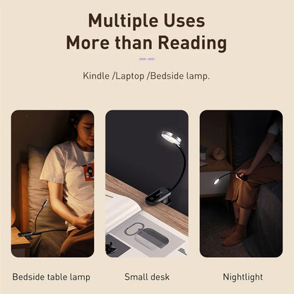 Baseus Clip-On Wireless LED Desk Lamp, Stepless Dimming, Rechargeable USB Reading Light